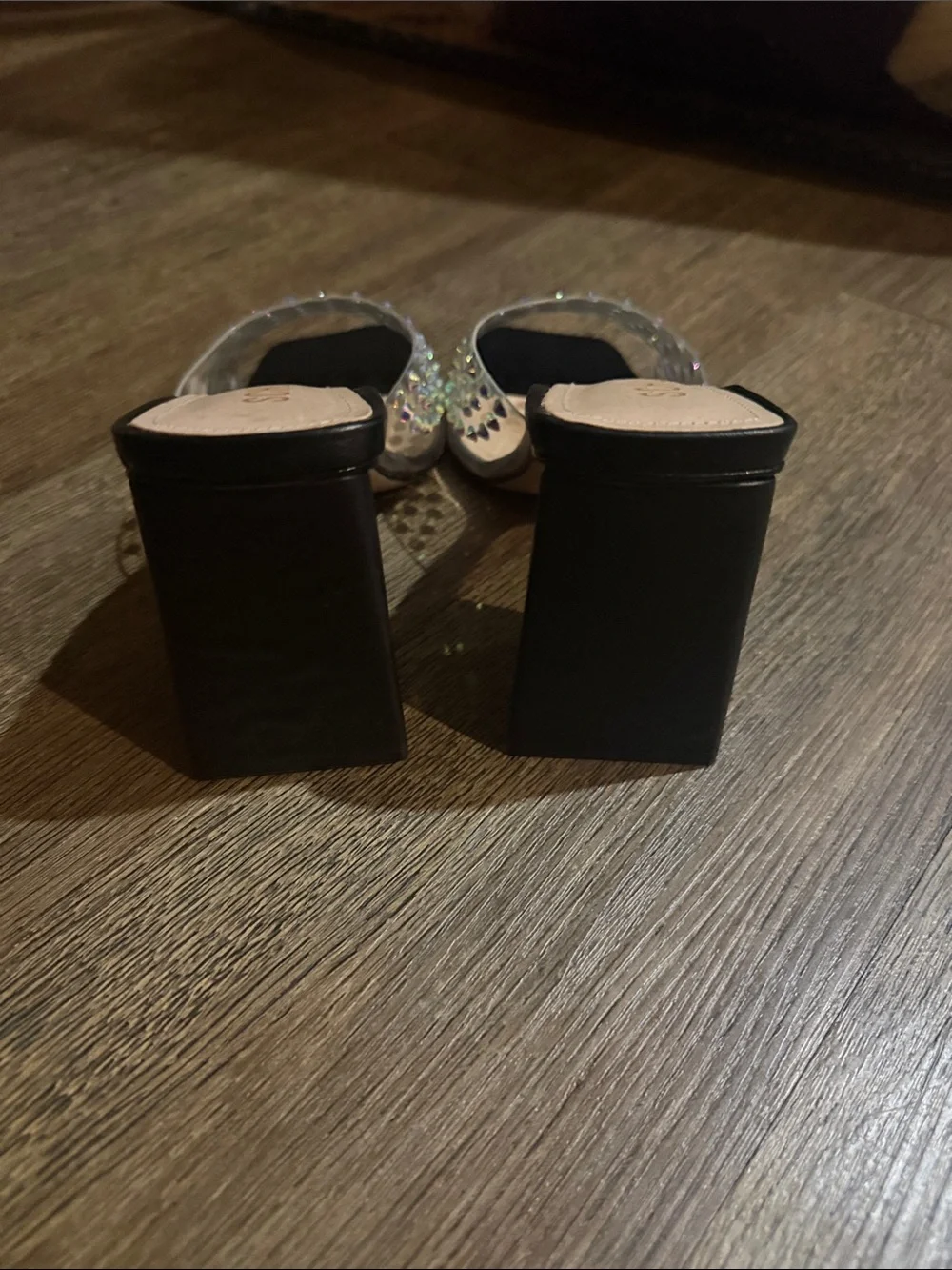 SCHUTZ Black Heeled Mules with Iridescent Gem Accents